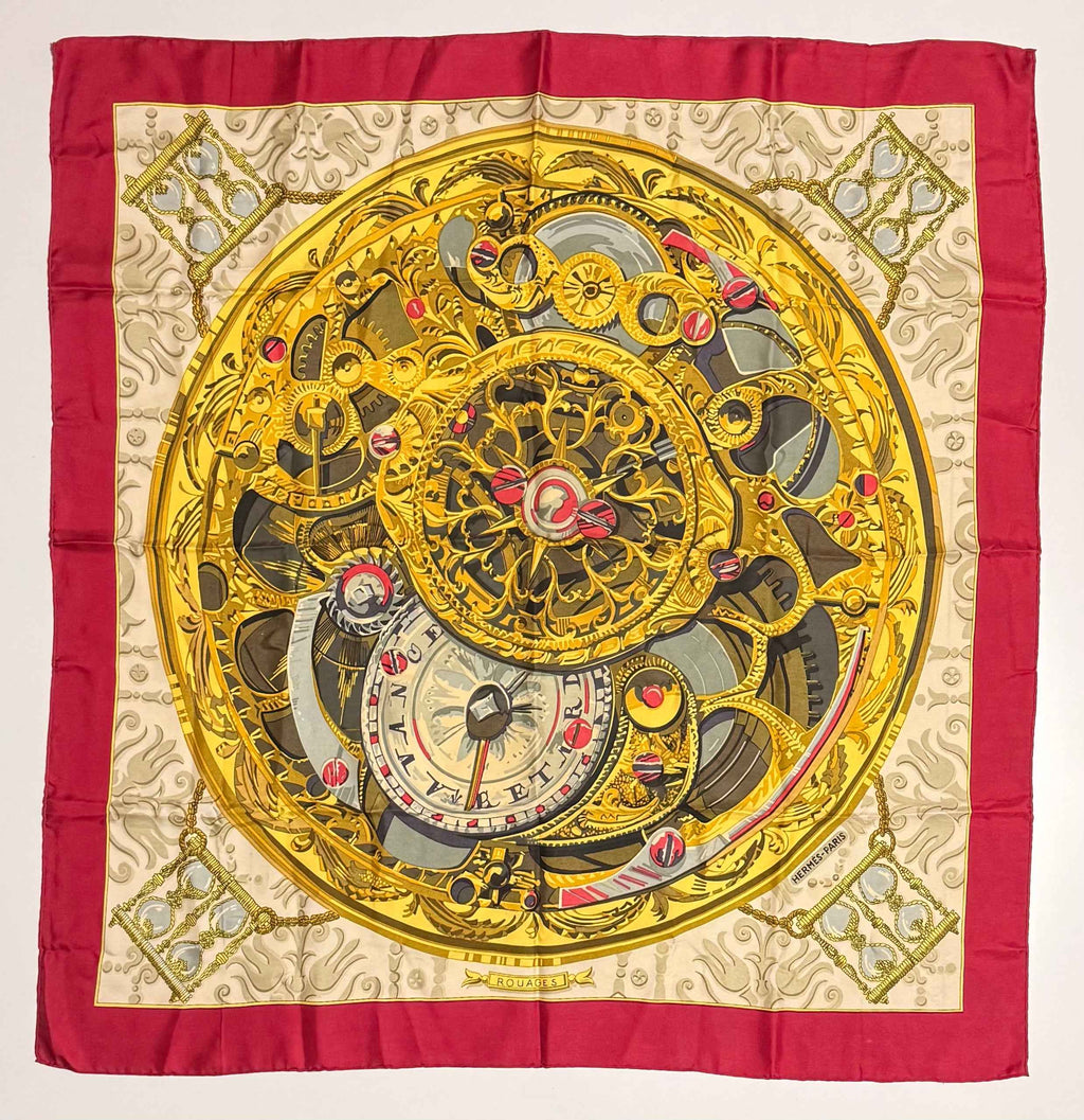 Carré Hermès Rouages – 100% soie – Bordure framboise