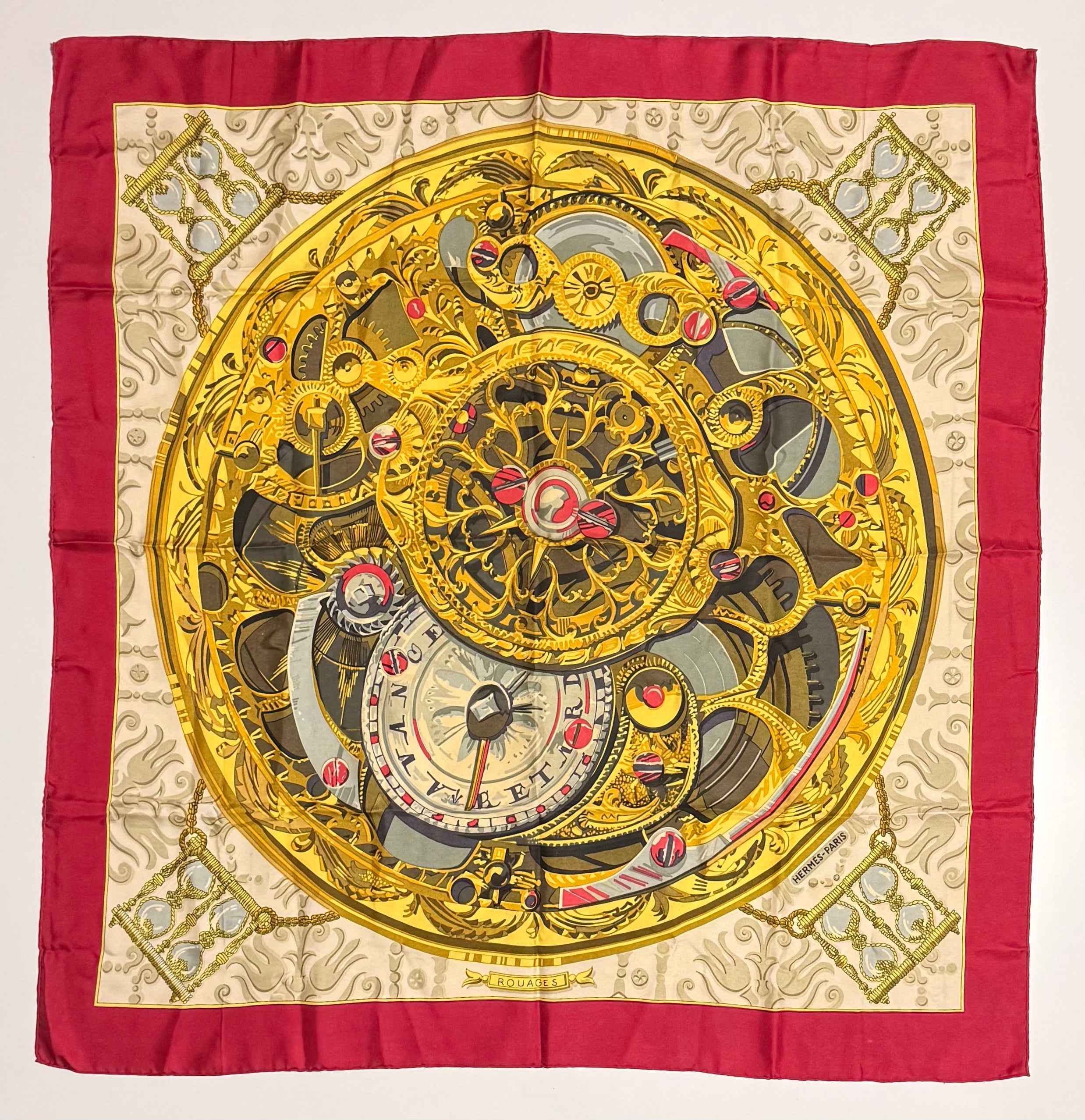 Carré Hermès Rouages – 100% soie – Bordure framboise