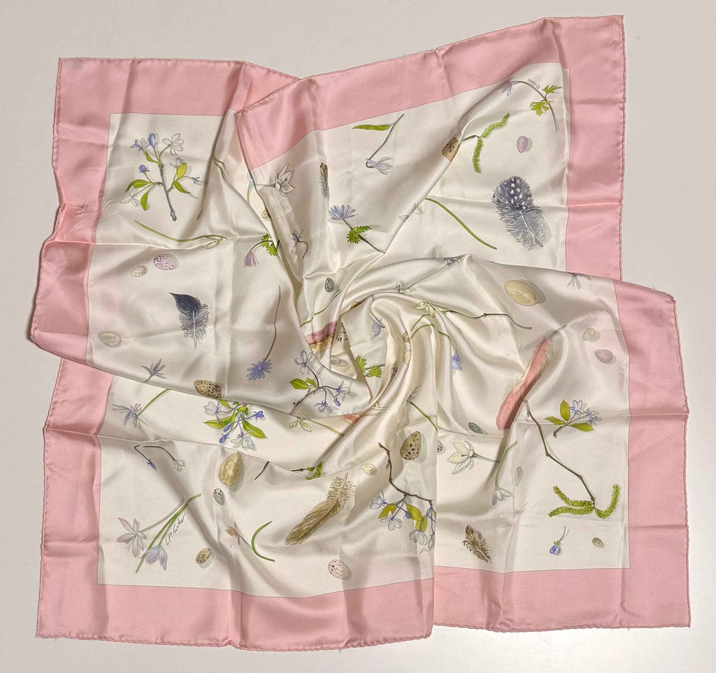 Carré Hermès Fleurs et Plumes – 100% soie – Bordure rose