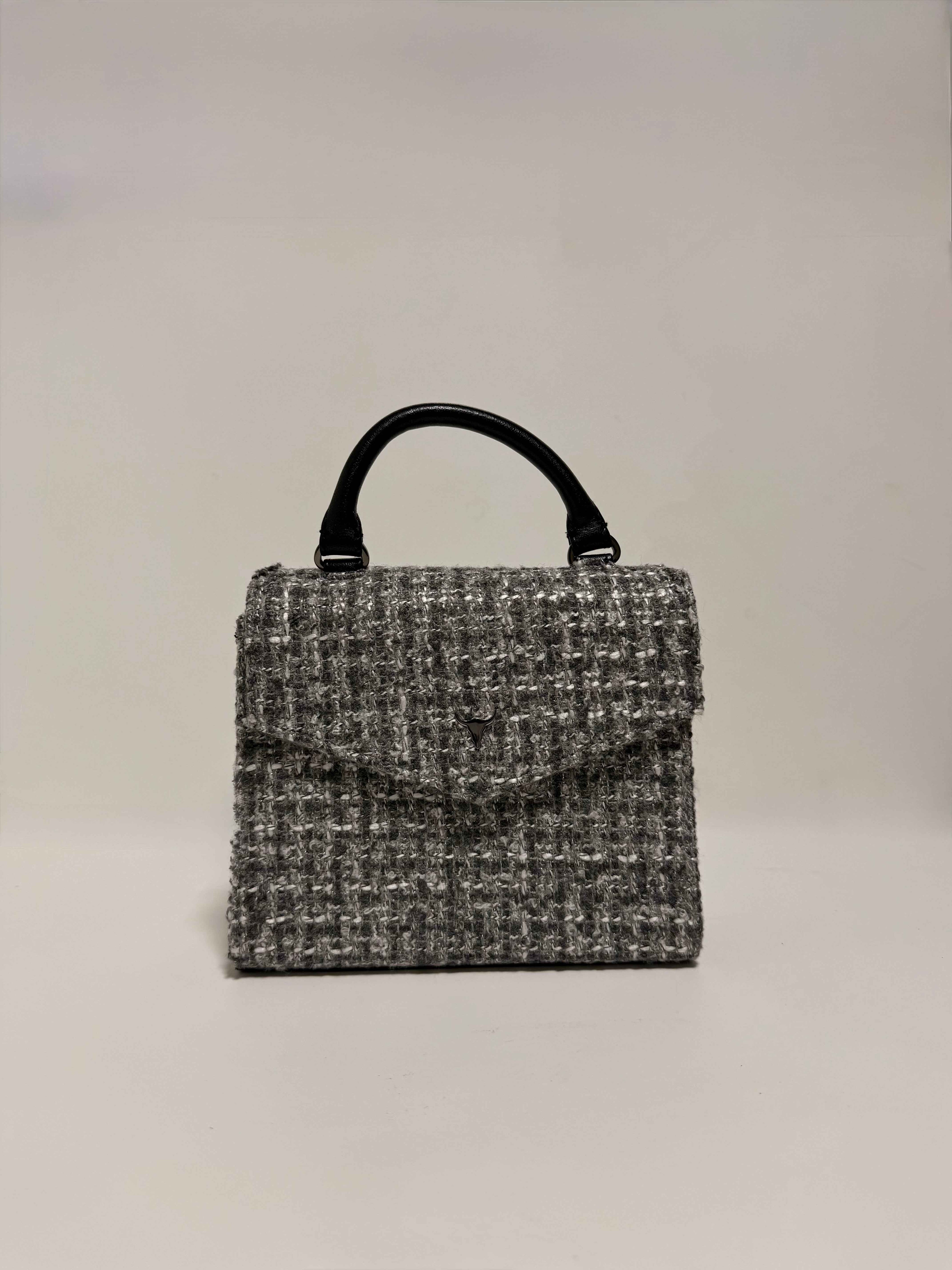 Sac à main en tweed gris et noir – bandoulière amovible